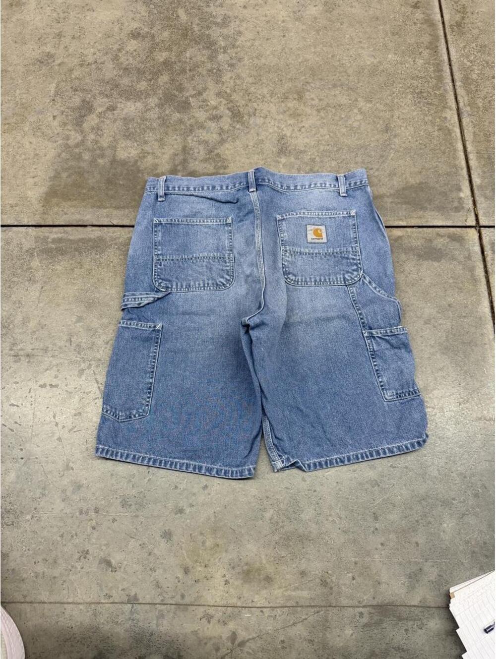 vintage carhartt wip faded blue relaxed baggy fit carpenter jean shorts jorts